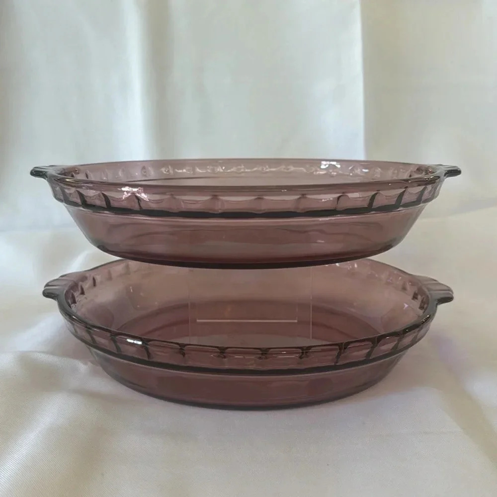 Pyrex Cranberry Glass 9.5” Set of 2 Fluted Pie Pans Crimped Deep Dish Plates 229 - Picture 4 of 6